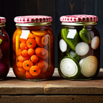 Pickling**

A vibrant close-up shot of assorted colorful pickled vegetables (onions, peppers, carrots) artfully arranged in glass jars on a rustic wooden table. Jars are sealed with checkered cloth tops. Back lighting highlights the textures and colors. "Safe for work," "appropriate content," "fully clothed," "modest," "professional food photography," "perfect anatomy" (of the vegetables!), "correct proportions," "well-formed vegetables."

**