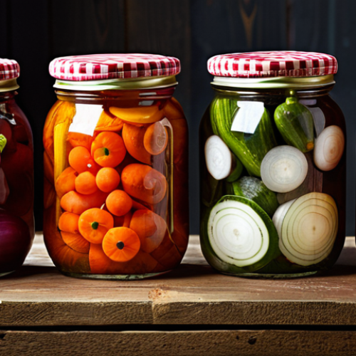 Home 7 Pickling**
A vibrant close-up shot of assorted colorful pickled vegetables (onions, peppers, carrots) artfully arranged in glass jars on a rustic wooden table. Jars are sealed with checkered cloth tops. Back lighting highlights the textures and colors. "Safe for work," "appropriate content," "fully clothed," "modest," "professional food photography," "perfect anatomy" (of the vegetables!), "correct proportions," "well-formed vegetables."
**