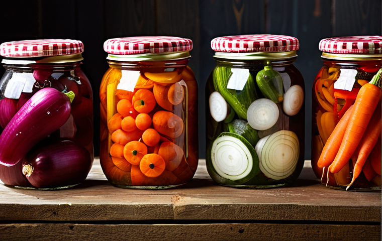 Pickling**

A vibrant close-up shot of assorted colorful pickled vegetables (onions, peppers, carrots) artfully arranged in glass jars on a rustic wooden table. Jars are sealed with checkered cloth tops. Back lighting highlights the textures and colors. "Safe for work," "appropriate content," "fully clothed," "modest," "professional food photography," "perfect anatomy" (of the vegetables!), "correct proportions," "well-formed vegetables."

**