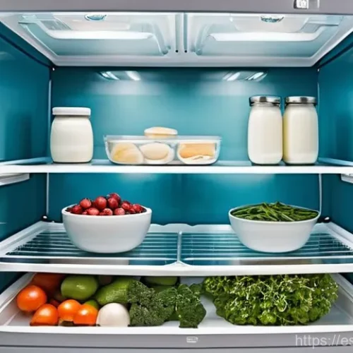 냉장고의 최적 온도 설정 방법 - **Prompt:** "A brightly lit, immaculately organized refrigerator interior, showcasing optimal food s...