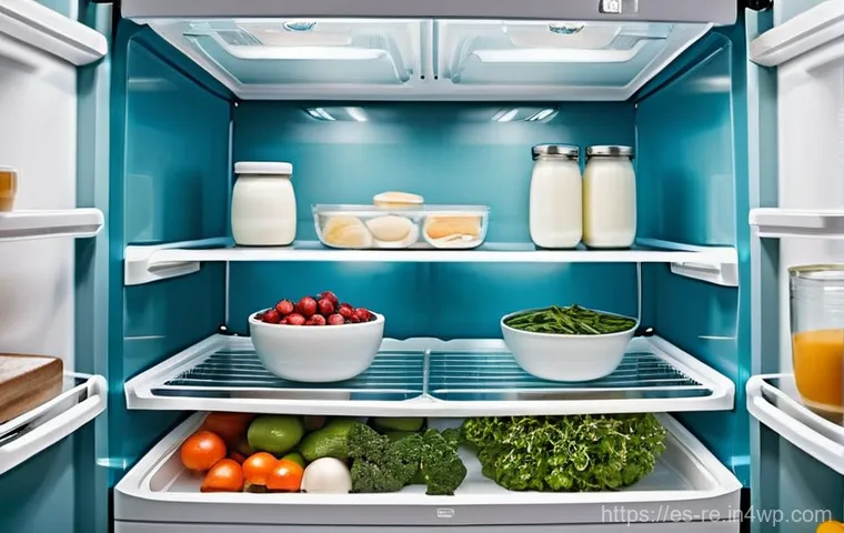 냉장고의 최적 온도 설정 방법 - **Prompt:** "A brightly lit, immaculately organized refrigerator interior, showcasing optimal food s...