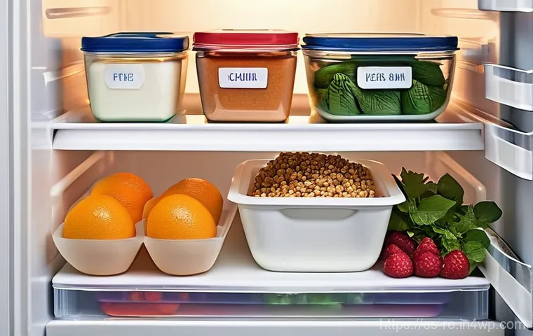 소비자들이 알아야 할 음식 보존 팁 - **Prompt:** A perfectly organized, sparkling clean refrigerator interior, viewed from a slightly ope...