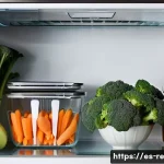 효과적인 식품 보존을 위한 교육 자료 - **Prompt:** A brightly lit, modern kitchen with a spacious, stainless steel refrigerator open to rev...