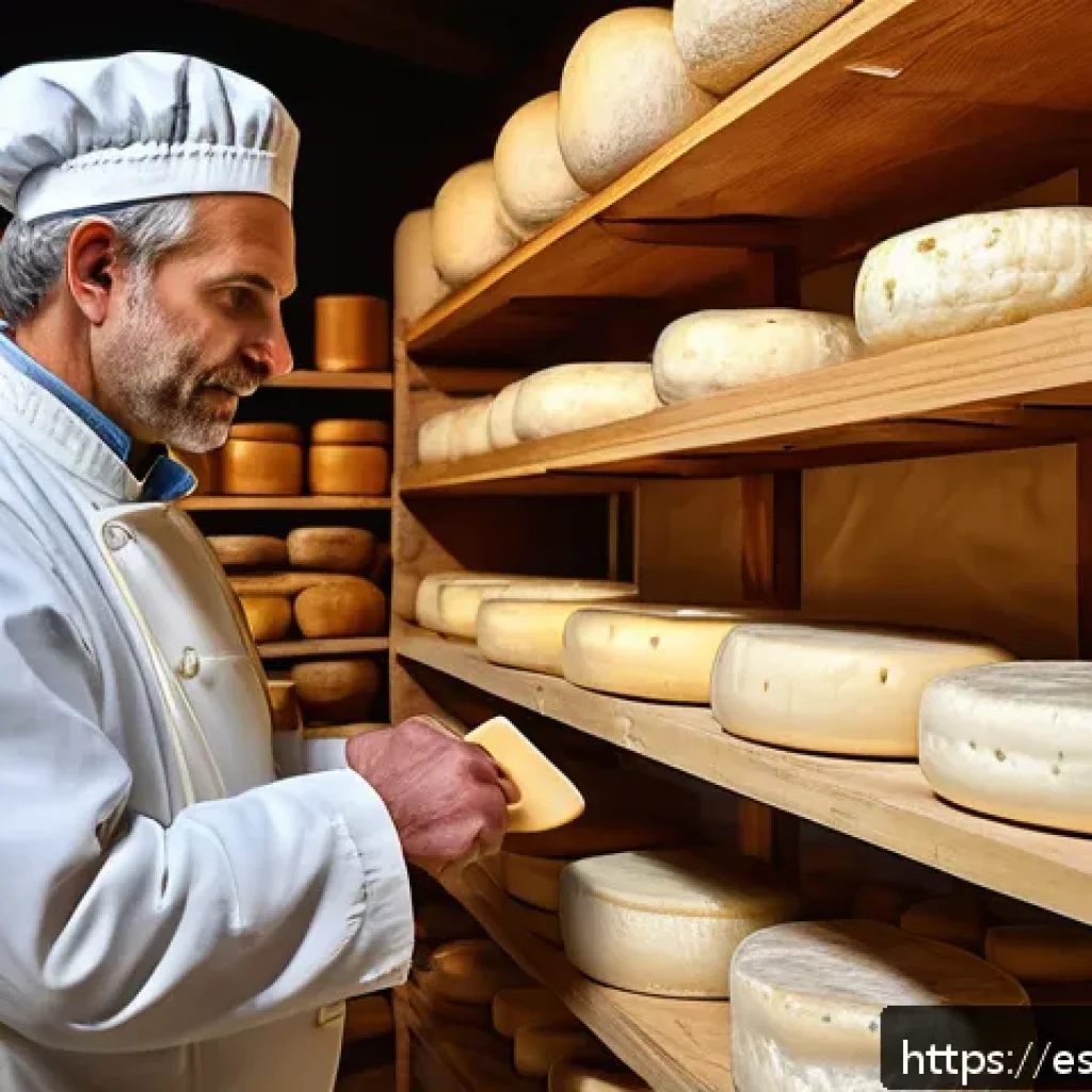 숙성을 통한 맛과 보존 - A rustic artisanal cheese aging cellar with wooden shelves lined with various cheeses in different s...