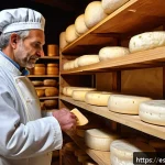 Home 21 숙성을 통한 맛과 보존 - A rustic artisanal cheese aging cellar with wooden shelves lined with various cheeses in different s...