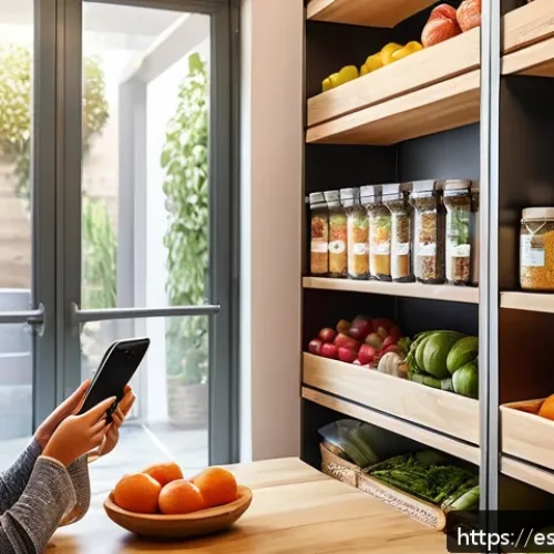 Home 17 모바일 앱을 통한 음식 보존 관리 - A modern Spanish kitchen scene with a family using a smartphone app to scan groceries and manage a d...