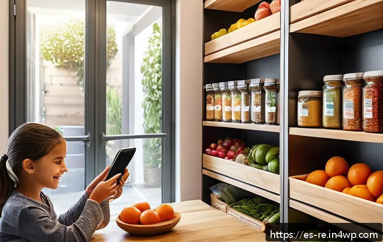 모바일 앱을 통한 음식 보존 관리 - A modern Spanish kitchen scene with a family using a smartphone app to scan groceries and manage a d...